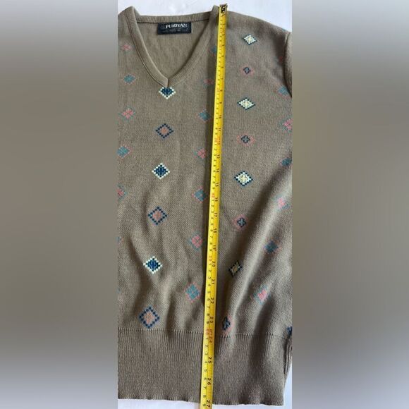 Puritan V-neck Sweater Sz Large Brown Multi-colored Diamond Print Grandpa - Picture 6 of 7